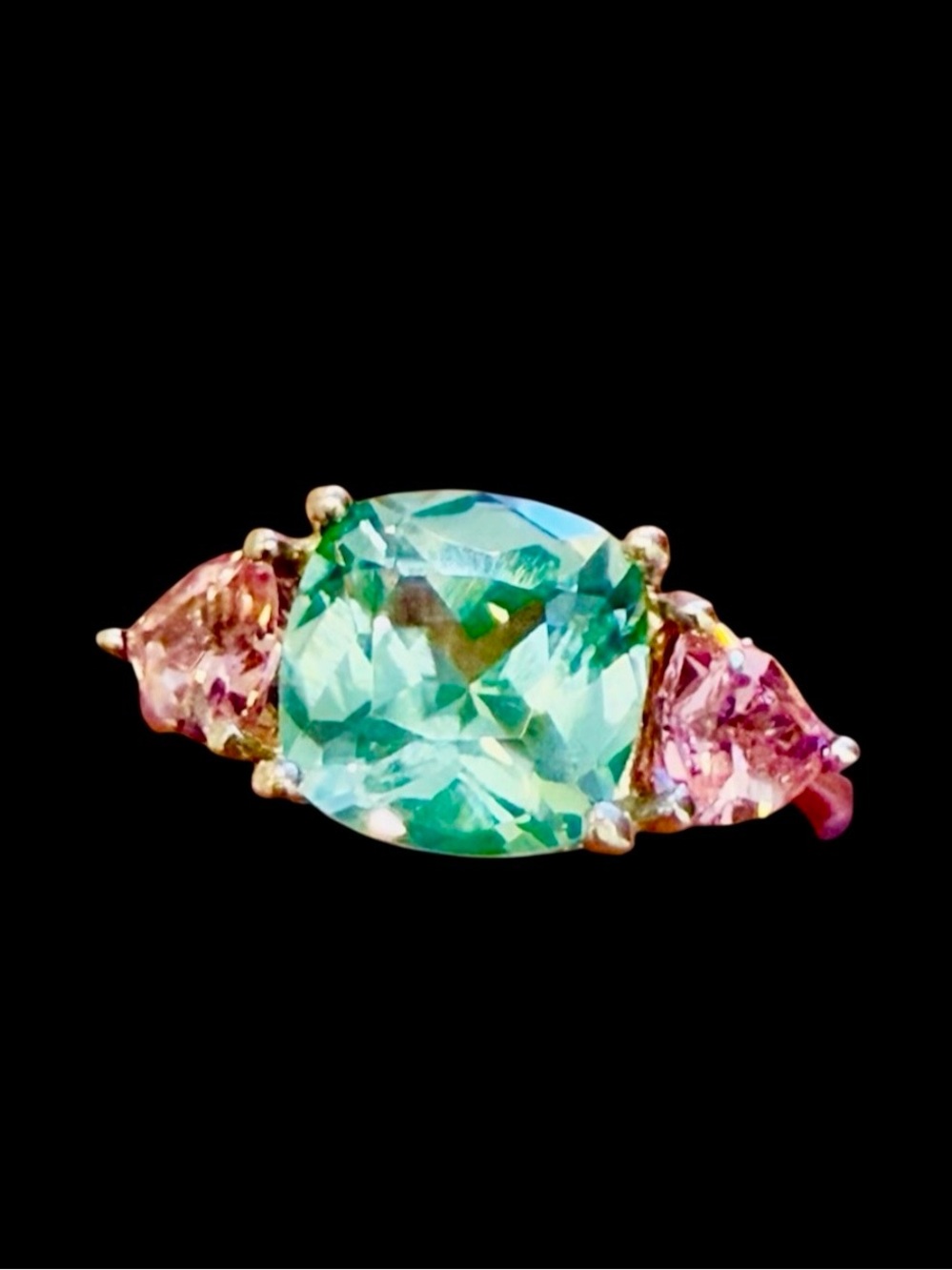 Vintage 80’s Avon Sterling Silver Uranium Green Spinel & Pink CZ Ring Sz8, 3.9g